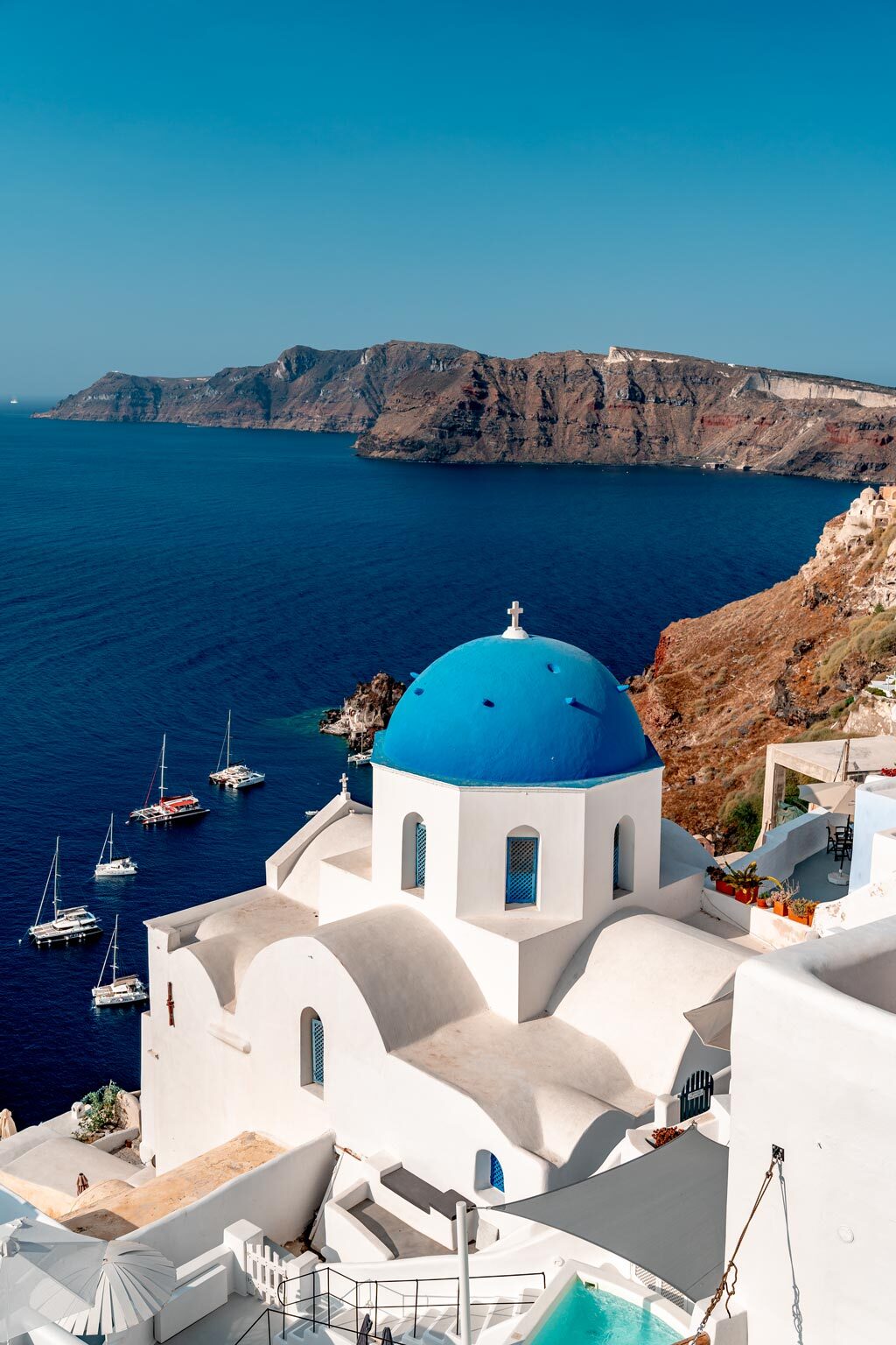 White Church Blue Dome Santorini Greece