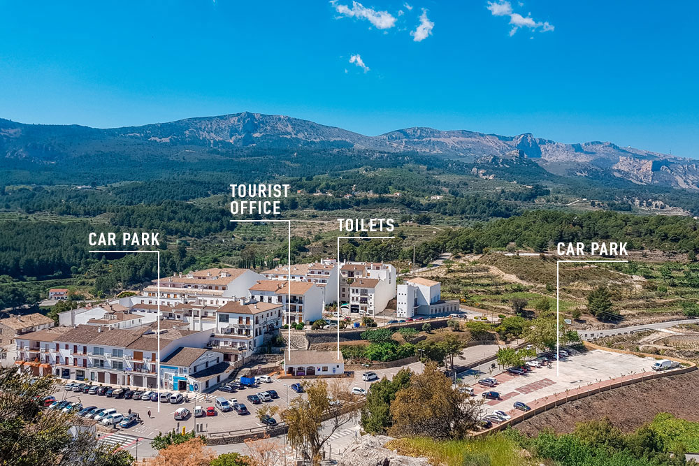 View over Guadalest village, where to park and tourist office location