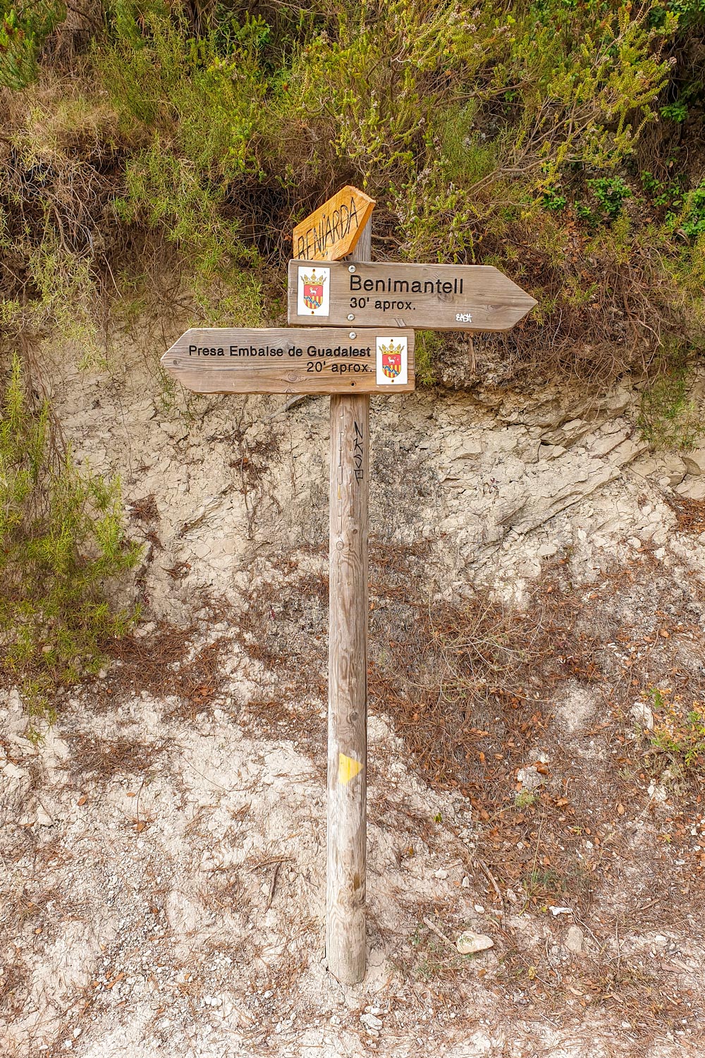 Signpost showing the distance to reservoir and Benimantell