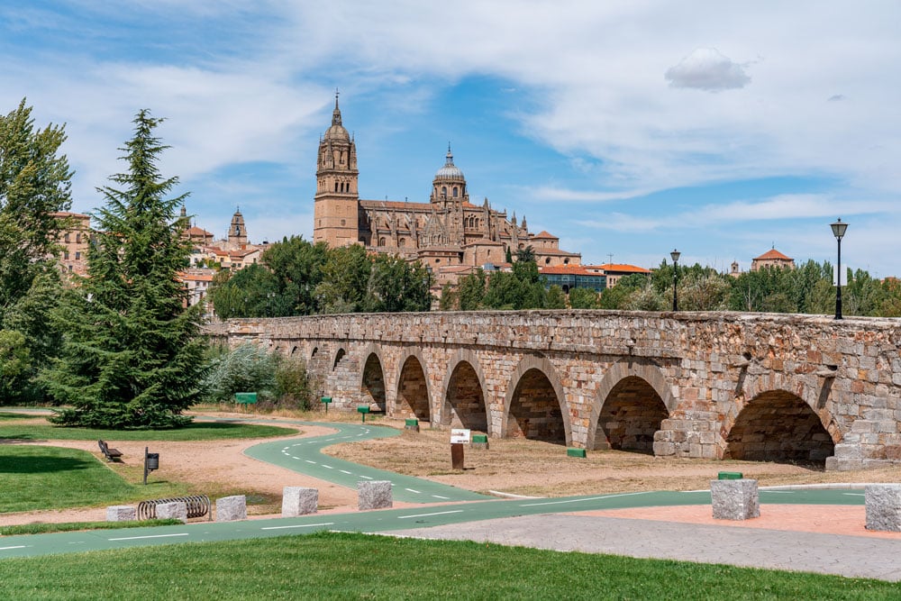 Roman bridge of Salamanca and Cathedral in background