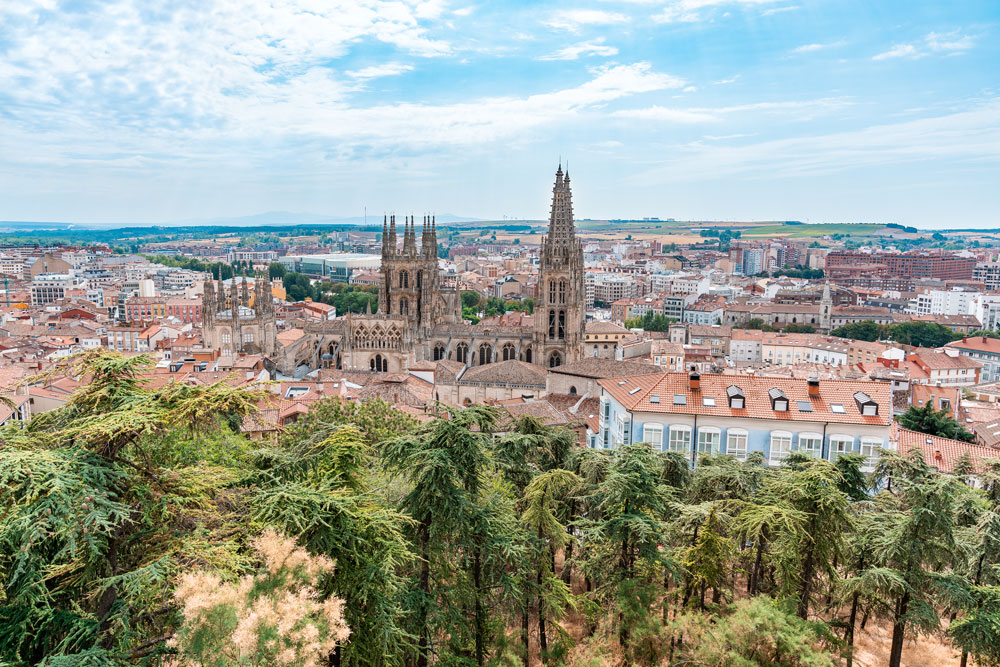 Panoramic view to the Burgos Cathedral from the Castle viewpoint