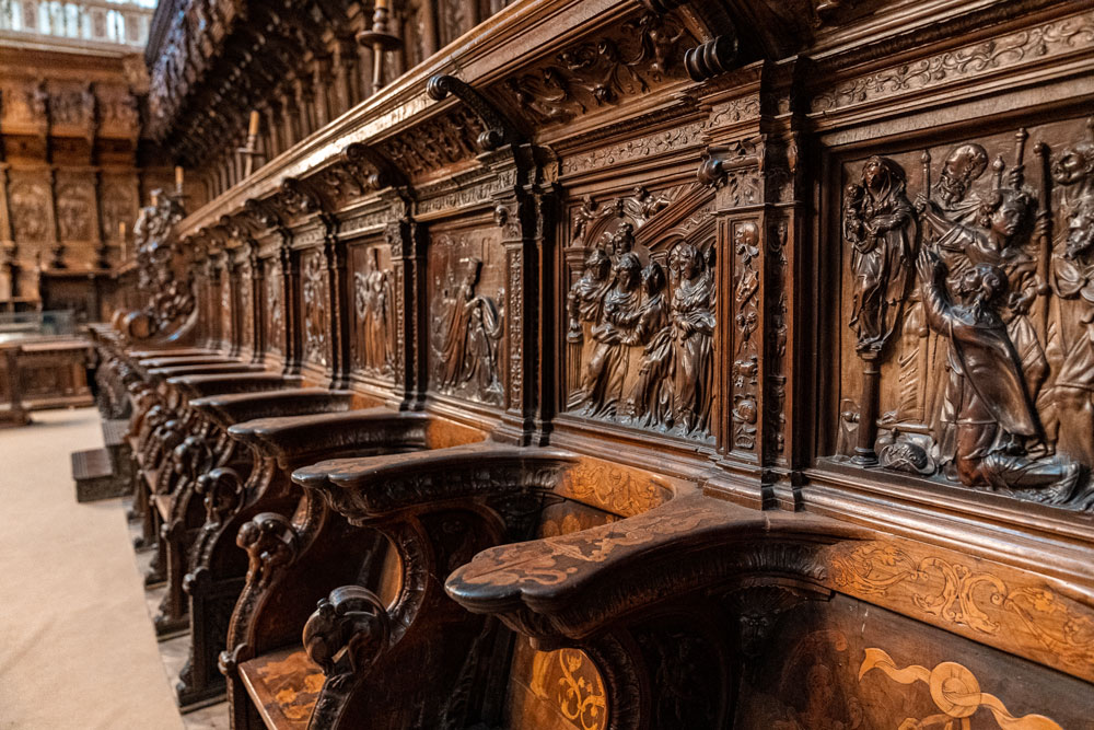 Close-up of the wooden carved seats at the Cathedral