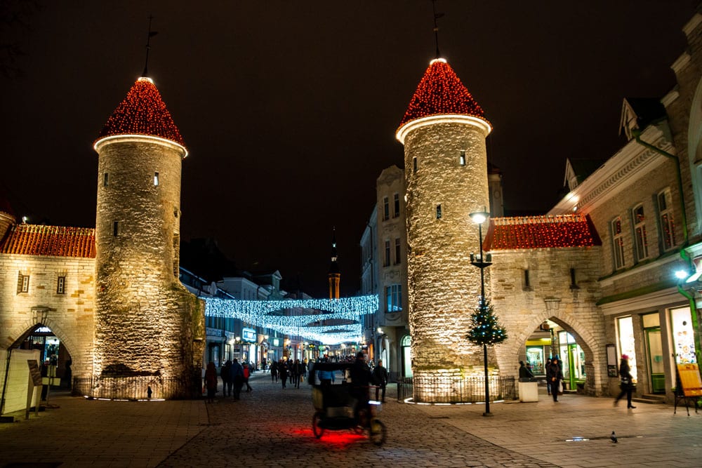 Guard Towers of Viru Gate at Christmas in the Old Town of Tallinn