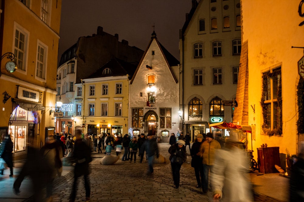 Tallinn's Busy Street in Winter Night