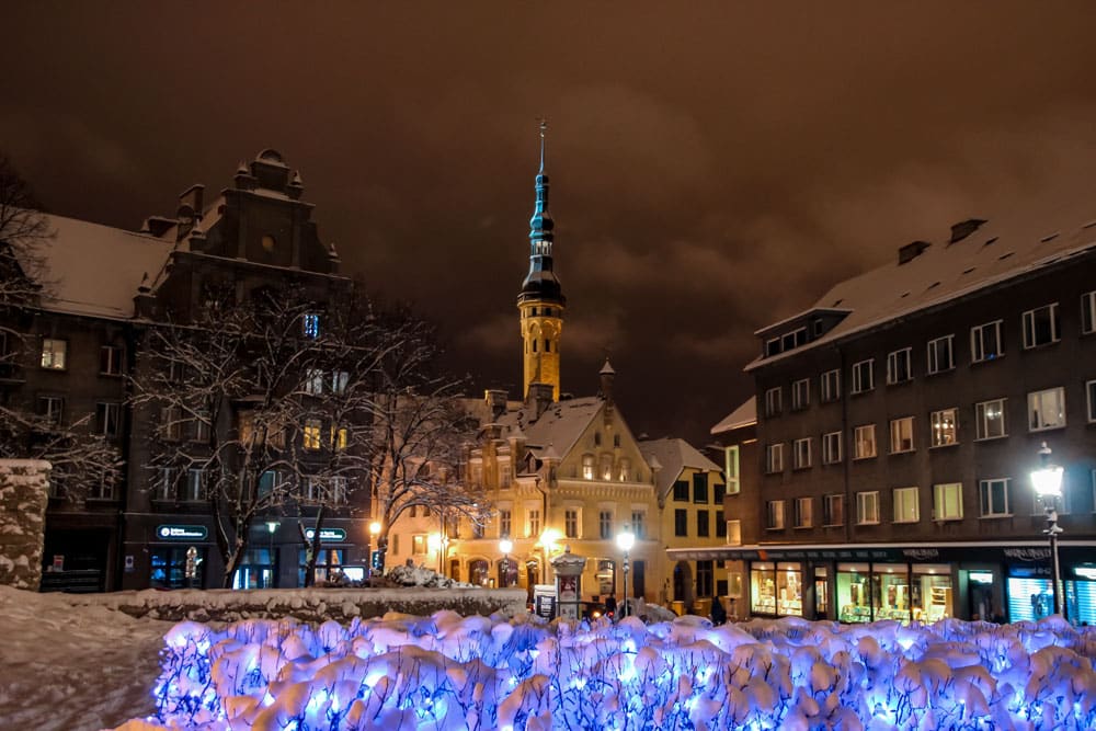 Snowy Tallinn at Night Around Christmas Time