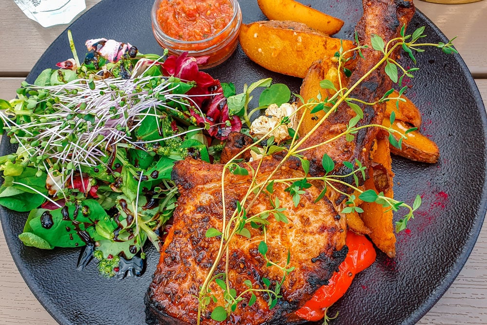 Grilled Pork with Roasted Potatoes and Salad