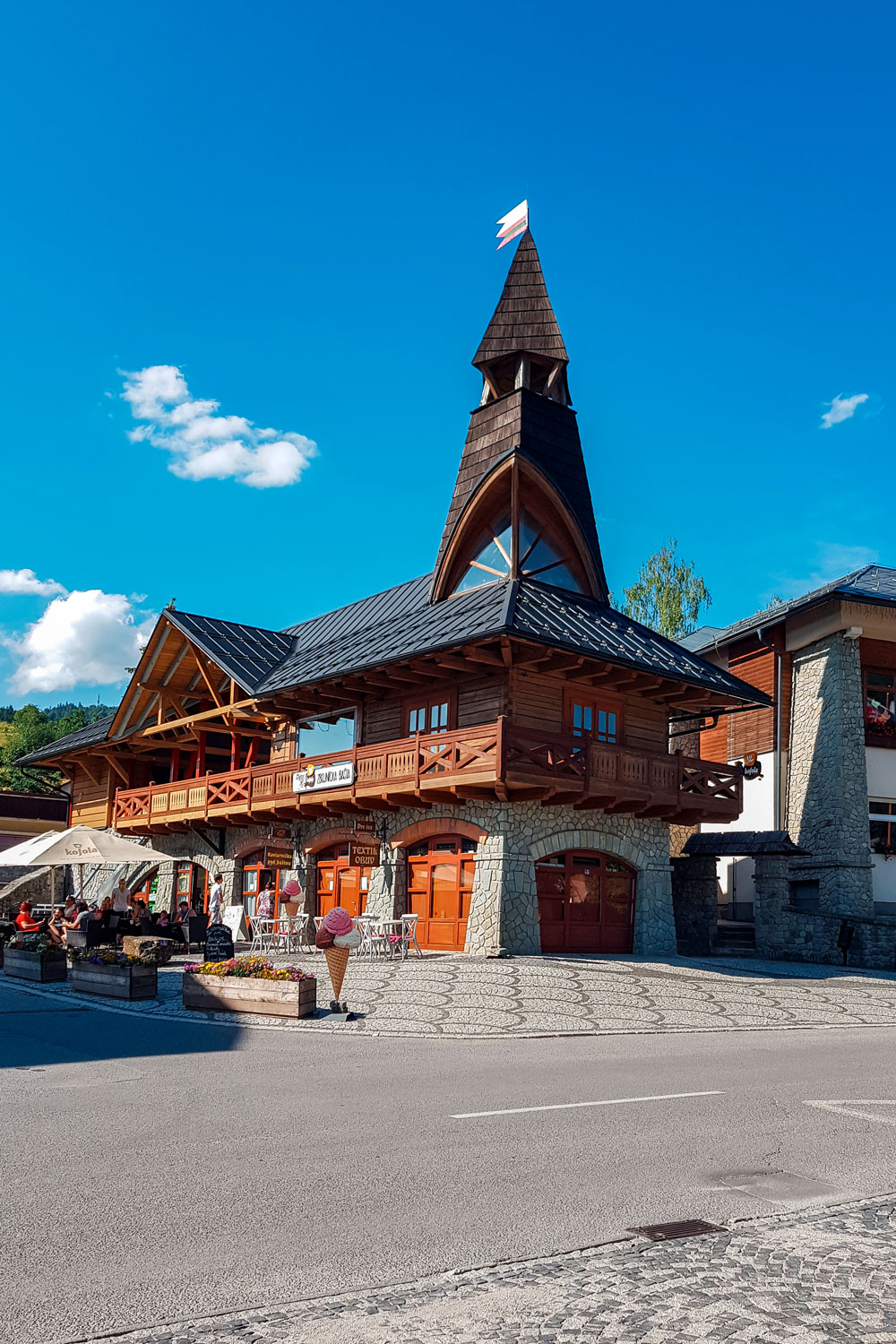 Beautiful Stará Bystrica village street and shops.