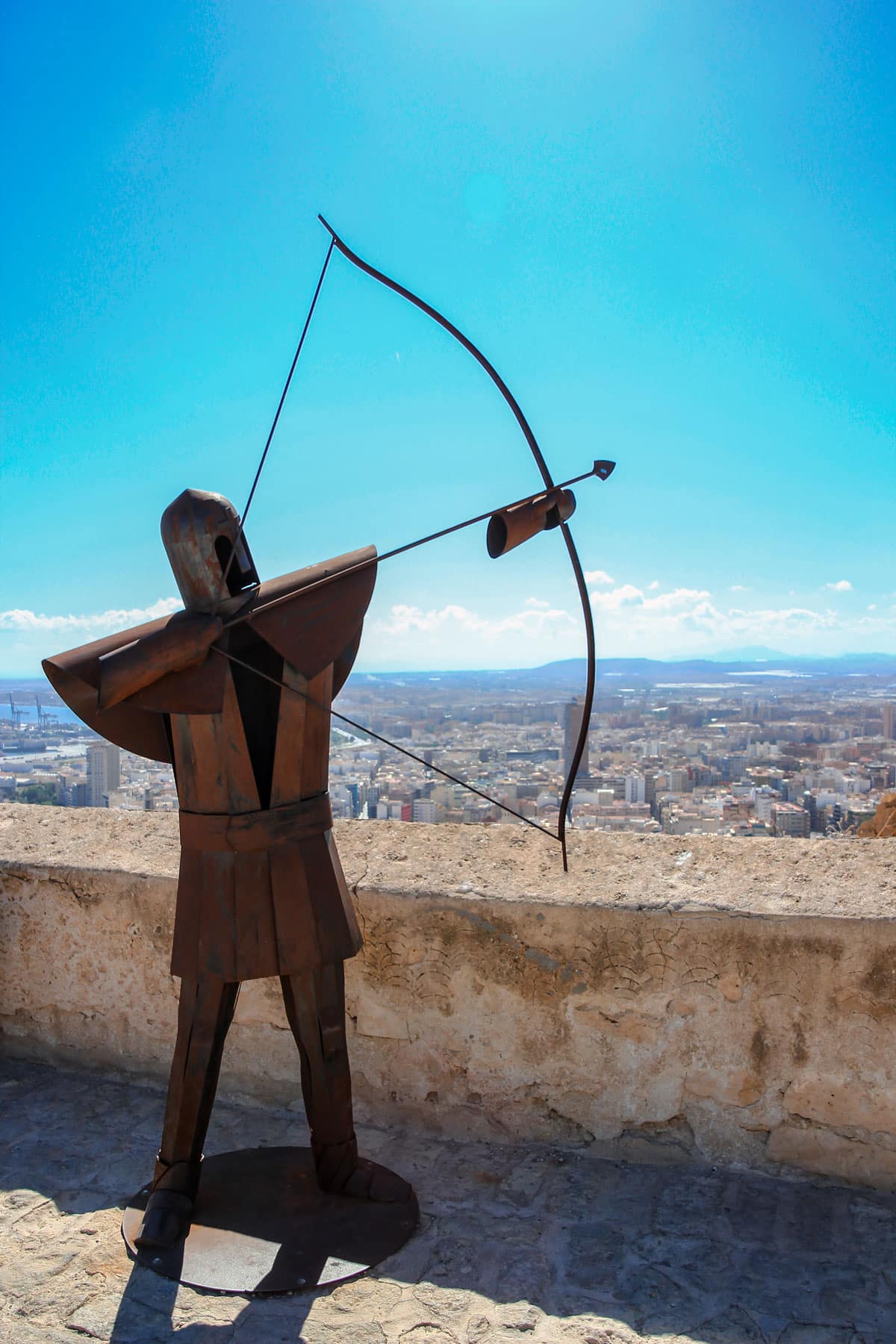 Metal sculpture of a archer in Santa Barbara castle.