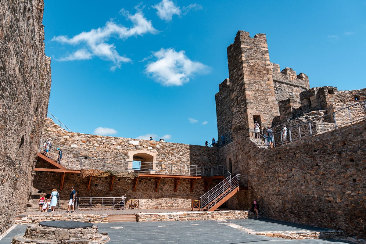 Ancient Ponferrada Castle courtyard, wooden staircase to the tower.