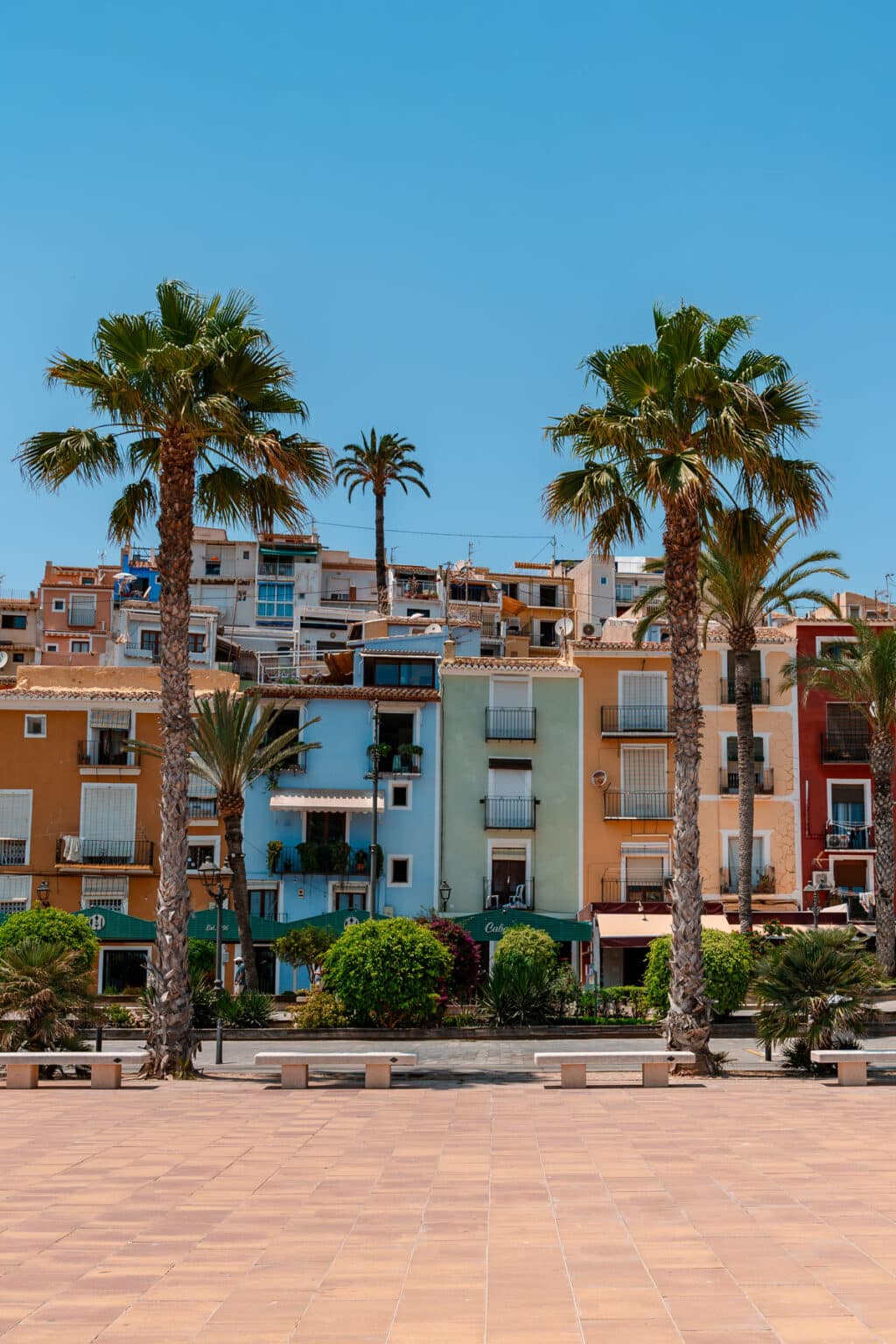 Beautiful Spanish town Villajoyosa with colorful houses and palm trees.