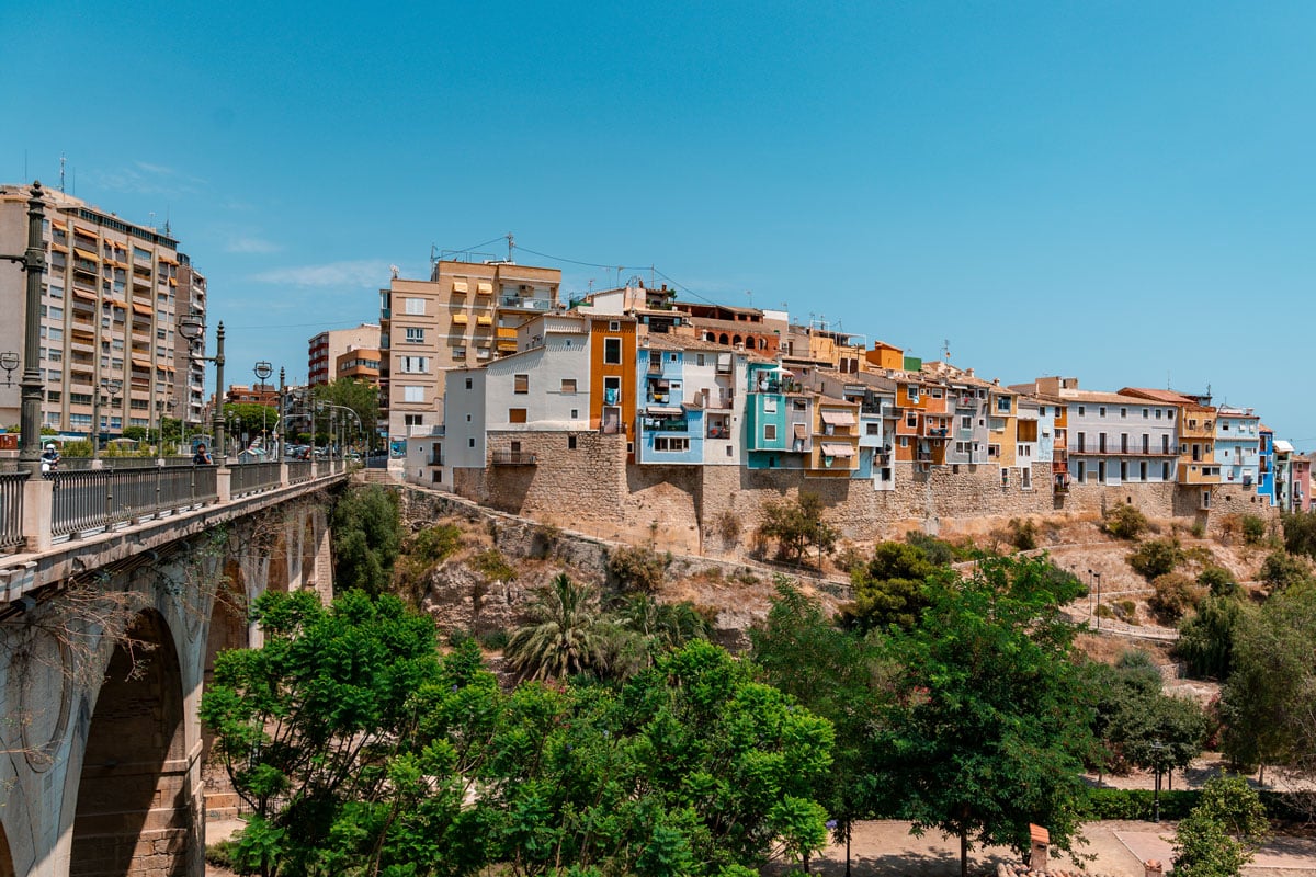Villajoyosa colorful buildings and bridge.