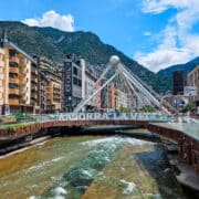 Pont de París bridge over the river with mountains behind in Andorra la Vella.