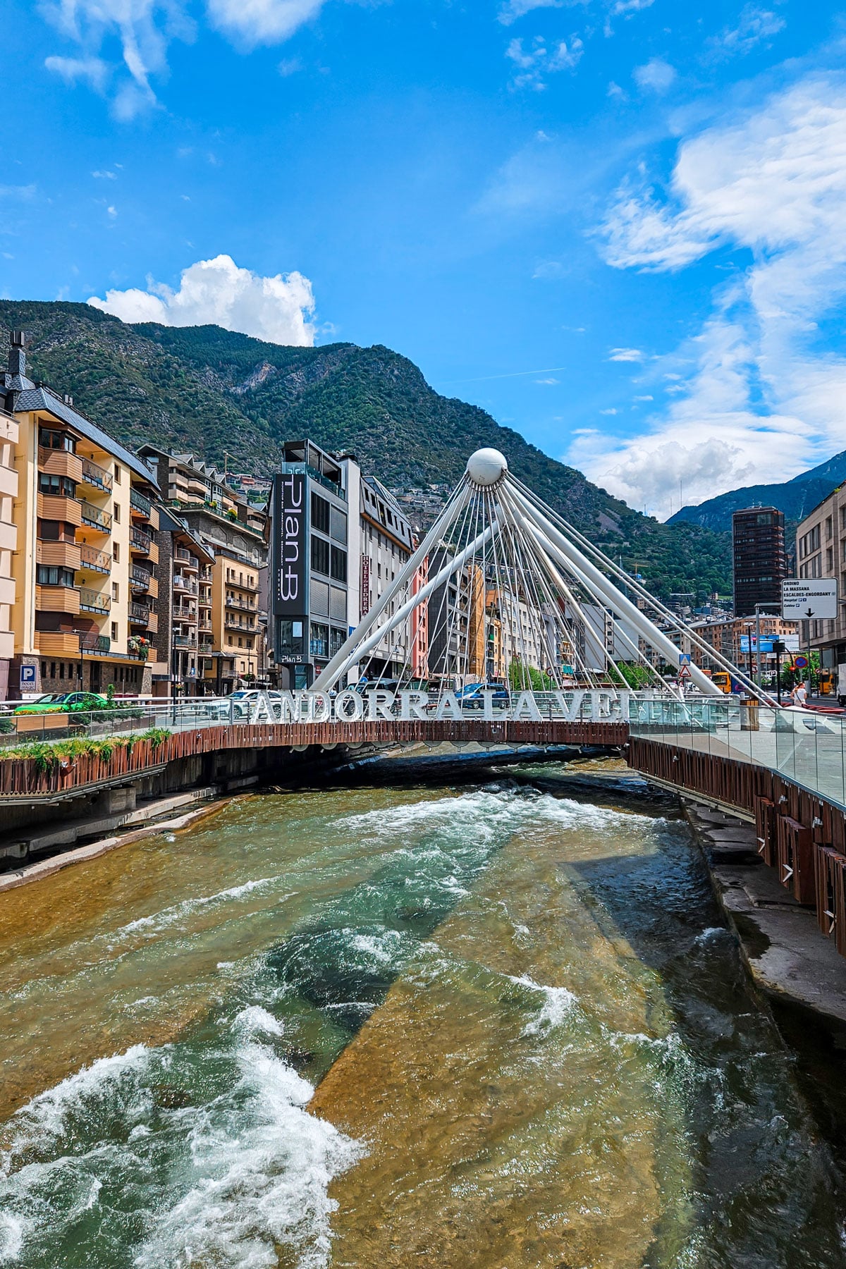 Pont de París bridge over the river with mountains behind in Andorra la Vella.