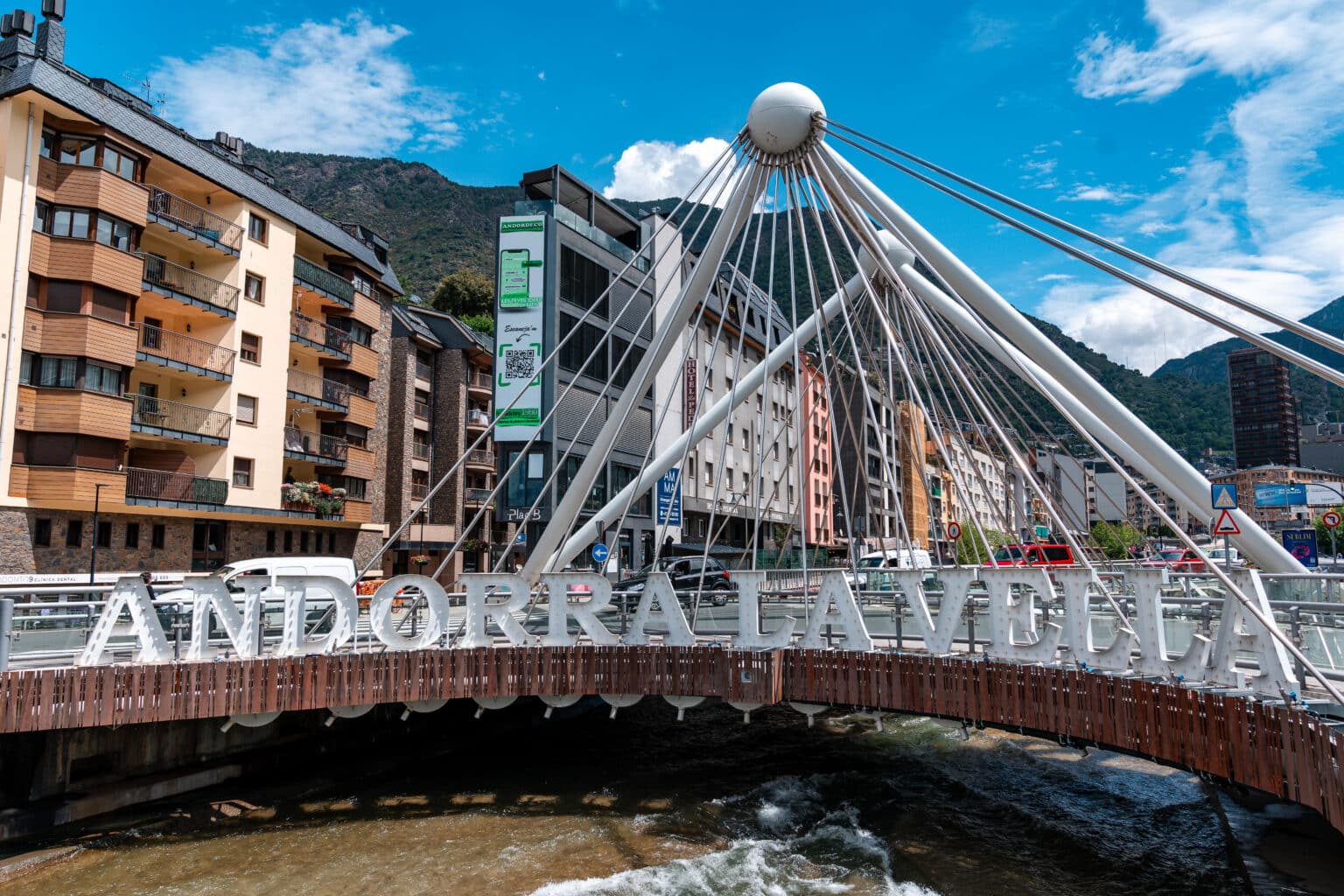 Close up of Pont de París bridge sign reading Andorra la Vella.
