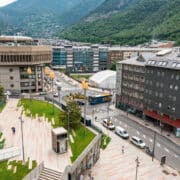 View over Andorra la Vella showing the city and steep mountain setting.